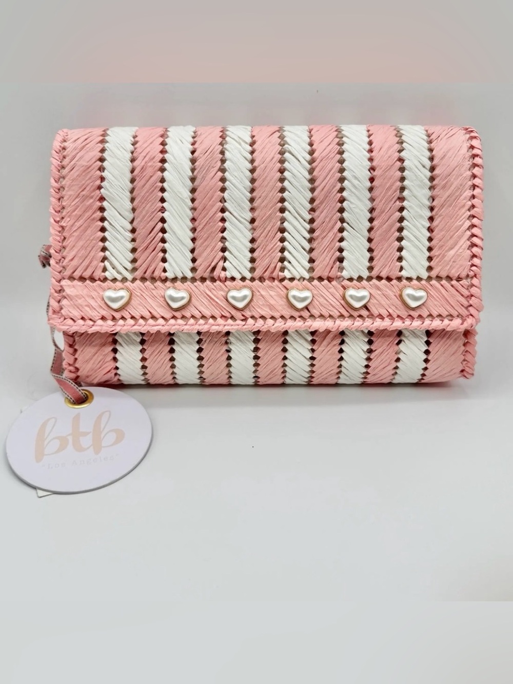 BTB Los Angeles Straw Clutch with Pearl Hearts Detail